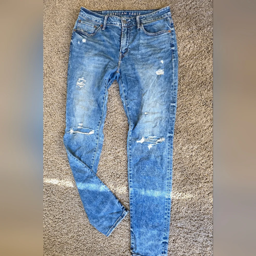 American Eagle Men Blue Wash Distressed Jeans Slim Fit Y2K Streetwear Grung